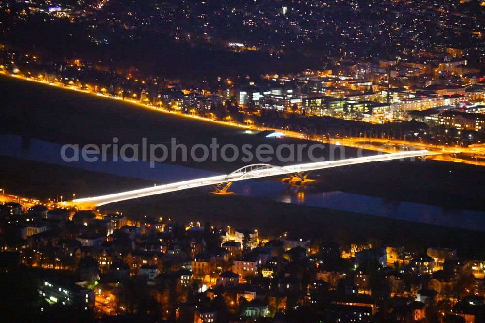 Aerial image at night Dresden - Night lighting Waldschloesschenbruecke on the river Elbe in Dresden in Saxony