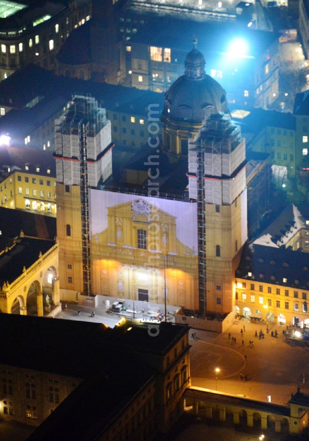 München at night from above - Night aerial view of the church at Theatinerkirche on Salvatorplatz in Munich in Bavaria