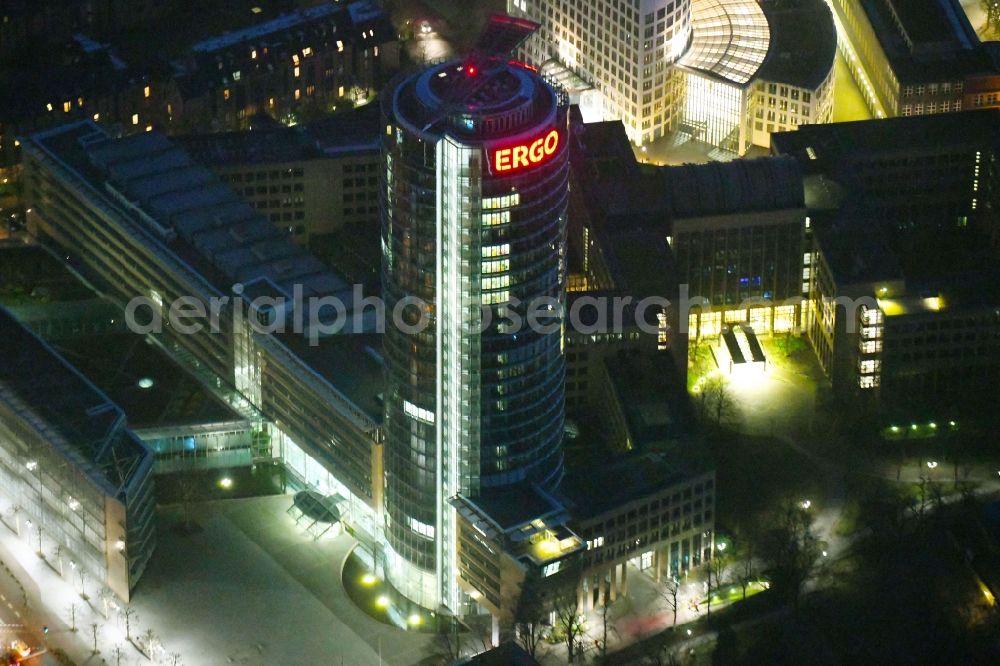 Düsseldorf at night from above - Night lighting office and corporate management high-rise building of ERGO Group AG on ERGO-Platz in the district Pempelfort in Duesseldorf in the state North Rhine-Westphalia, Germany