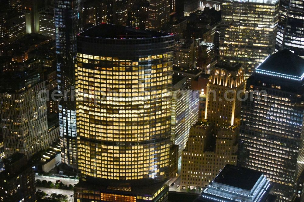 Aerial image at night New York - Night lighting Office and corporate management high-rise building Goldman Sachs Headquarters on West Street in New York in United States of America