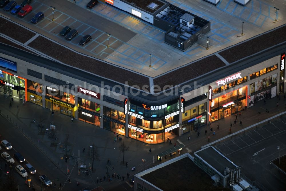 Berlin at night from the bird perspective: View of shopping center on Elcknerplatz at Berlin - Köpenick