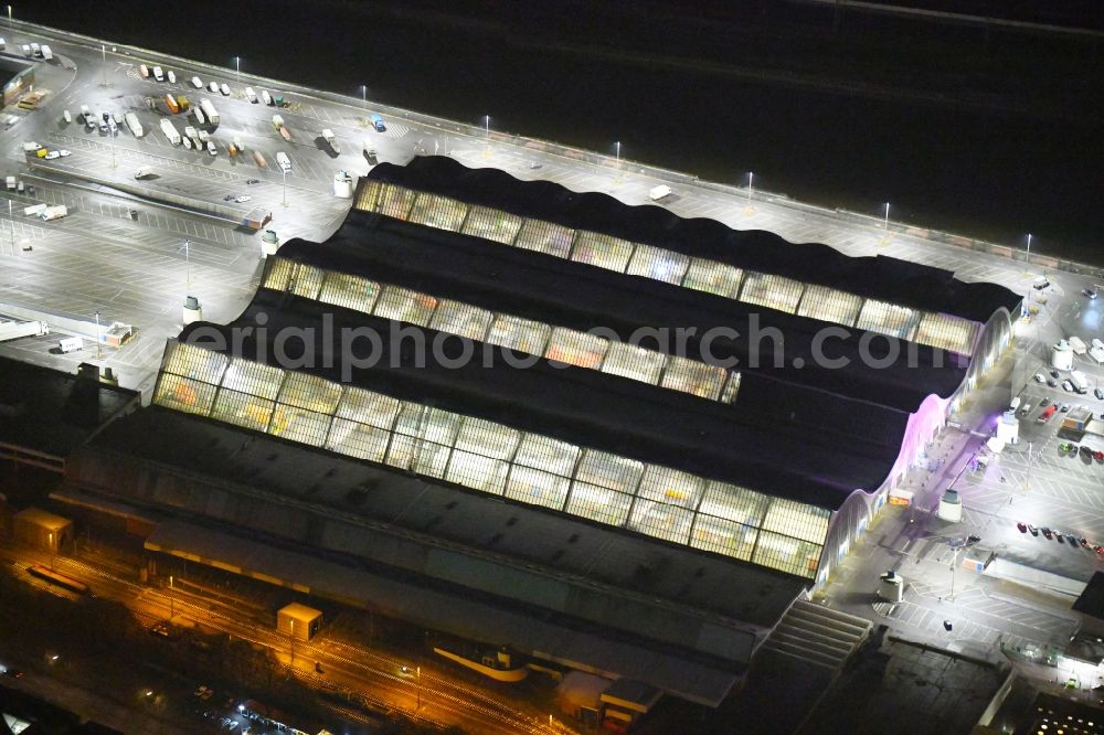 Hamburg at night from above - Night lighting building of the wholesale center for flowers, fruits and vegetables in Hamburg, Germany