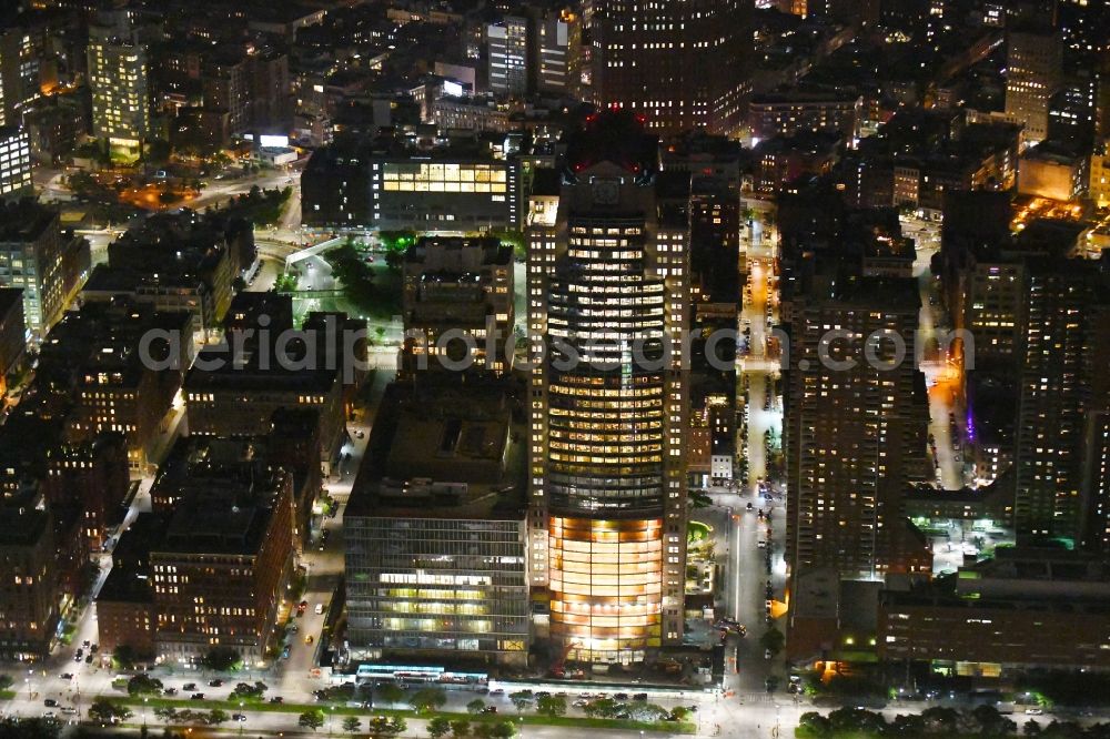 New York at night from the bird perspective: Night lighting High-rise buildings of Citi Institutional Clients Group on Greenwich Street in New York in United States of America