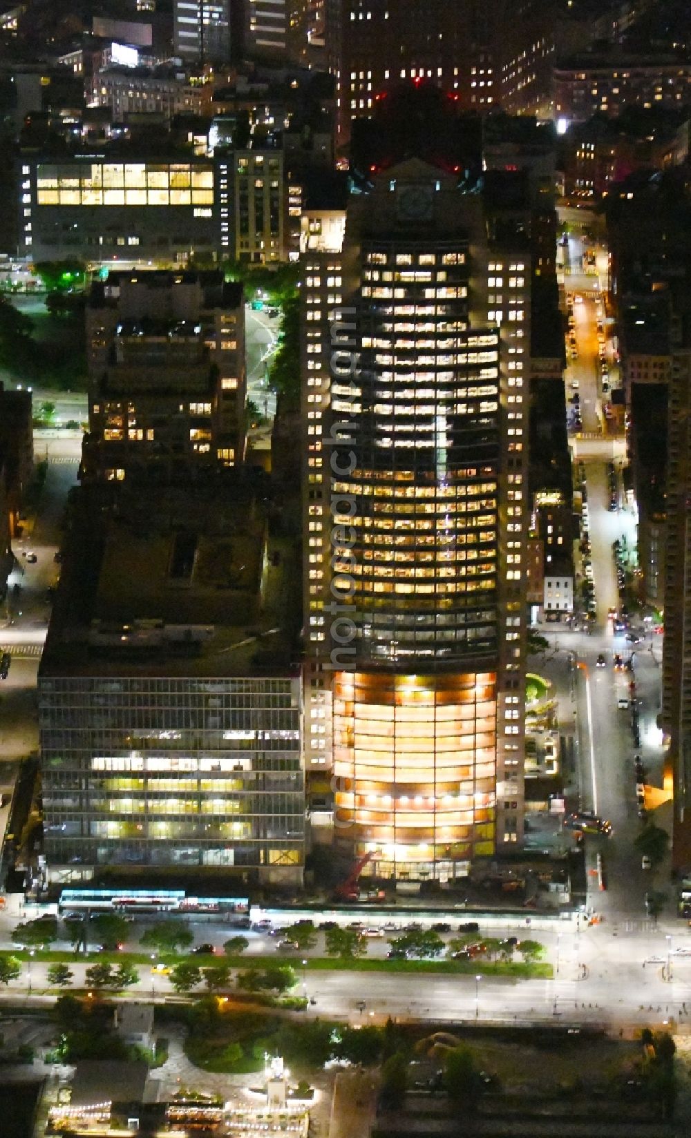 Aerial photograph at night New York - Night lighting High-rise buildings of Citi Institutional Clients Group on Greenwich Street in New York in United States of America