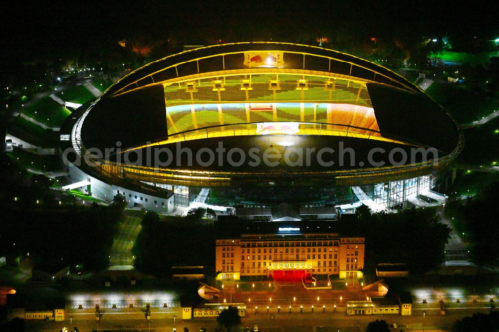 Aerial photograph at night Leipzig - Night lighting on the sports ground of the stadium Red Bull Arena Am Sportforum in Leipzig in the state Saxony, Germany