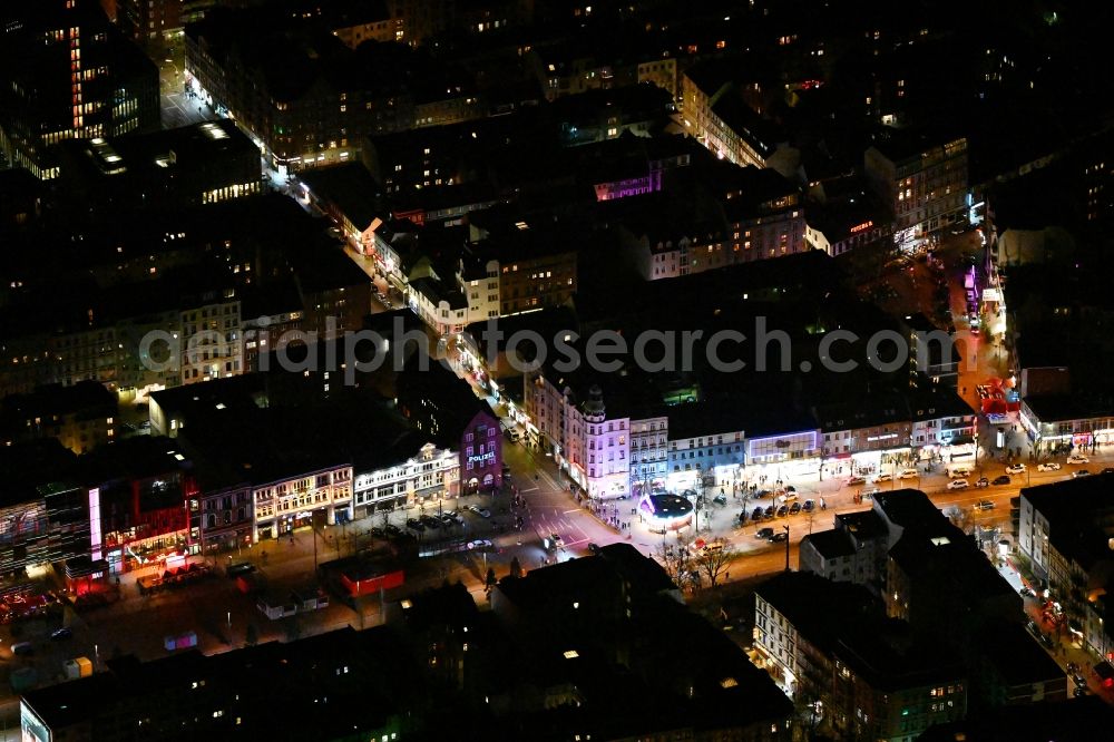 Aerial image at night Hamburg - Night lighting street and prostitution center for commercial sex service on Reeperbahn in the district Sankt Pauli in Hamburg, Germany