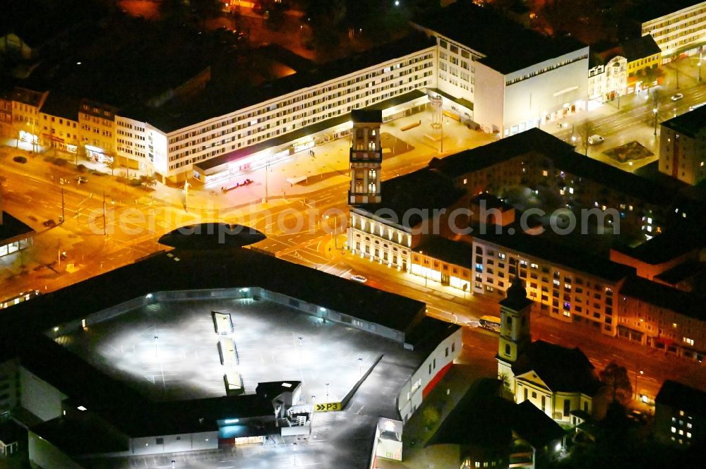 Aerial image at night Dessau - Night lighting building of the shopping center Dessau-Center on Franzstrasse in Dessau in the state Saxony-Anhalt, Germany