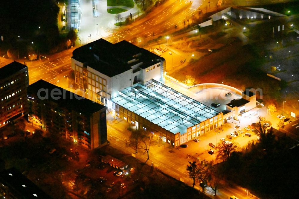 Dessau at night from above - Night lighting building of the shopping center KAUFLAND on Wolfgangstrasse in Dessau in the state Saxony-Anhalt, Germany