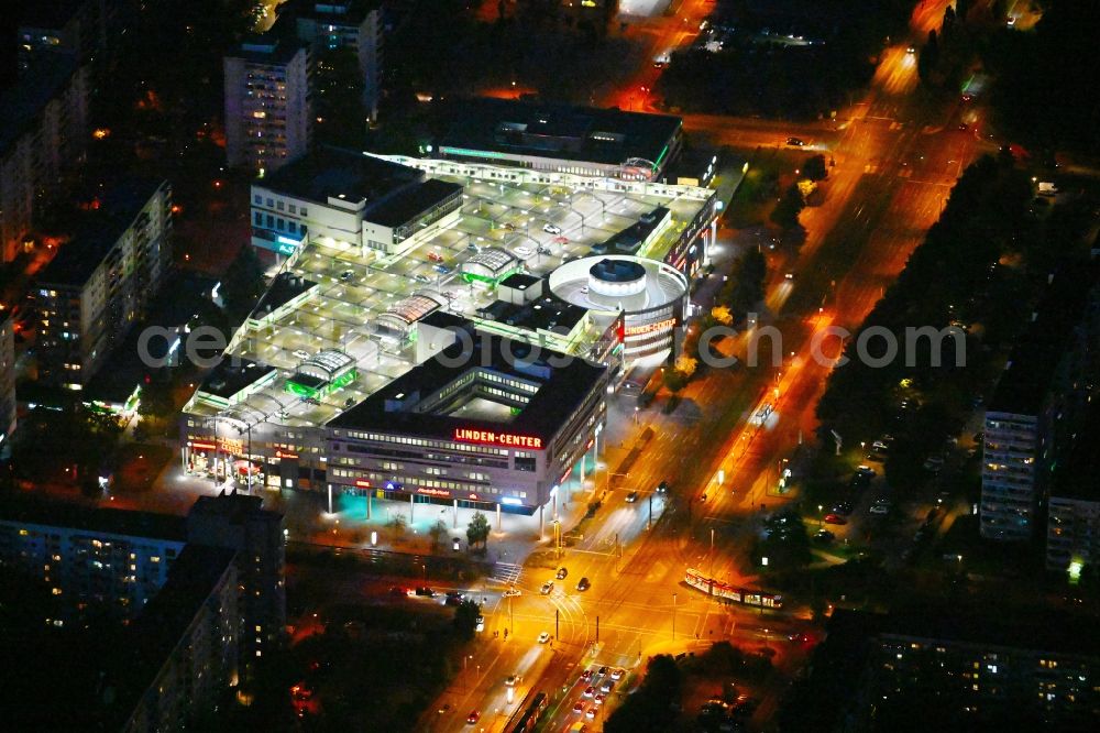 Berlin at night from above - Night lighting building of the shopping center Linden-Center Berlin on Prerower Platz in the district Neu-Hohenschoenhausen in the district Hohenschoenhausen in Berlin, Germany