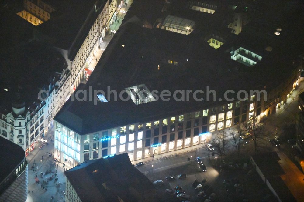 Aerial image at night Leipzig - Night lighting Building of the shopping center Primark Hainstrasse in the district Zentrum in Leipzig in the state Saxony, Germany