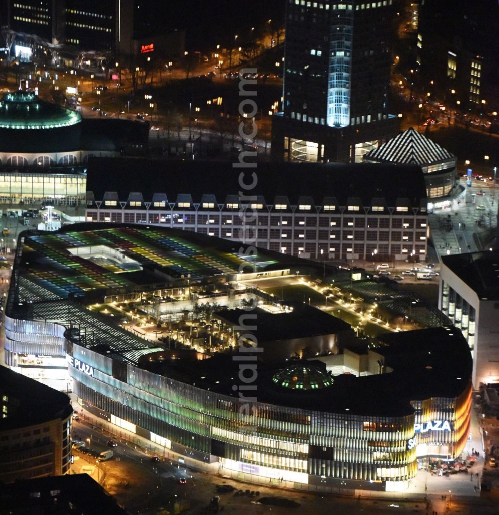 Frankfurt am Main at night from above - Night lighting building of the shopping center Skyline Plaza on Europa - Allee in the district Gallus in Frankfurt in the state Hesse, Germany