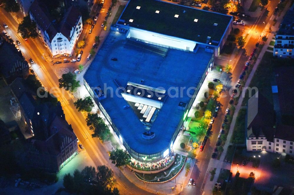 Aerial photograph at night Berlin - Night lighting building of the shopping center Victoria Center on Marktstrasse in the district Rummelsburg in Berlin, Germany