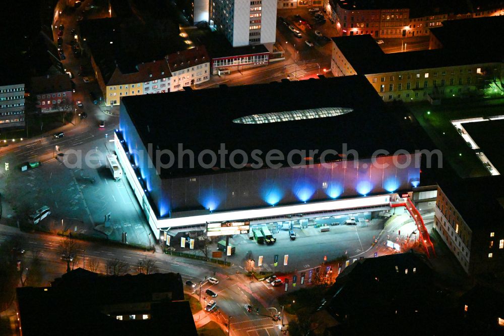 Weimar at night from above - Night lighting building of the shopping center Weimar Atrium on Friedensstrasse in Weimar in the state Thuringia, Germany