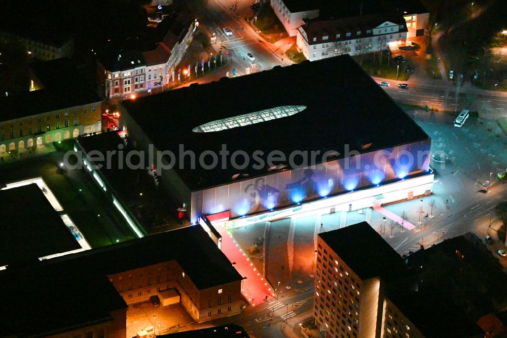 Aerial image at night Weimar - Night lighting building of the shopping center Weimar Atrium on Friedensstrasse in Weimar in the state Thuringia, Germany