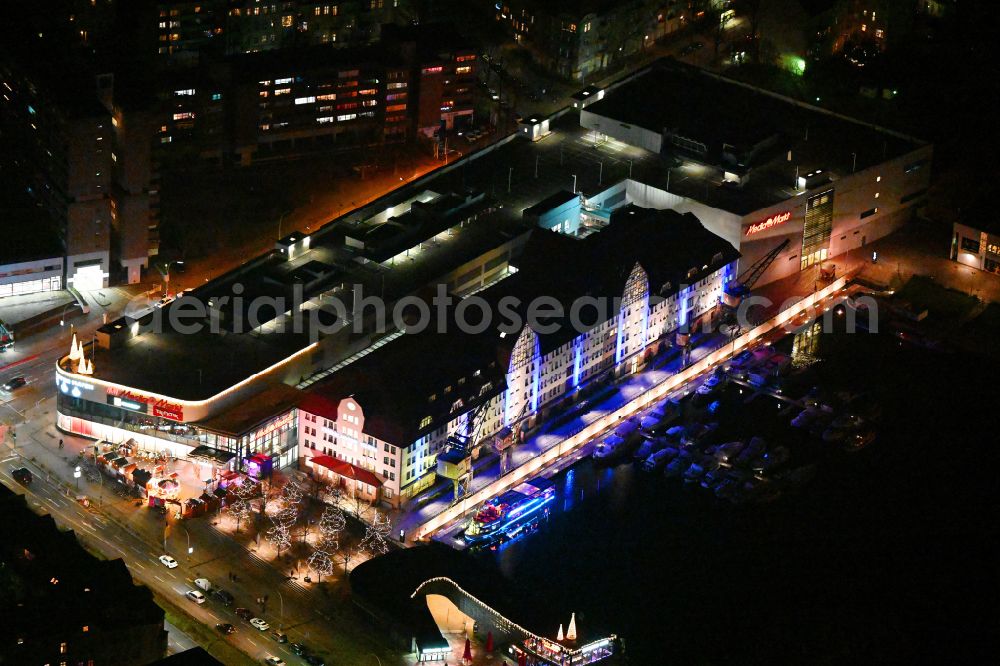 Berlin at night from above - Night image with a view of the shopping mall Tempelhofer Hafen on Tempelhofer Damm in the district of Tempelhof in Berlin