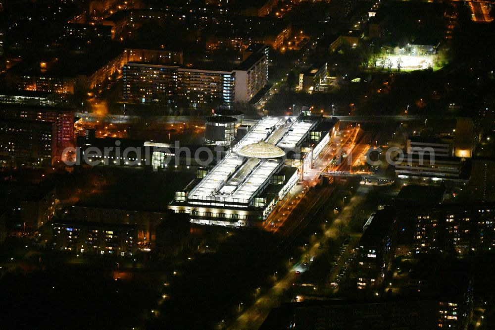 Aerial image at night Leipzig - Night lighting building of the shopping center Allee-Center in the district Gruenau in Leipzig in the state Saxony, Germany