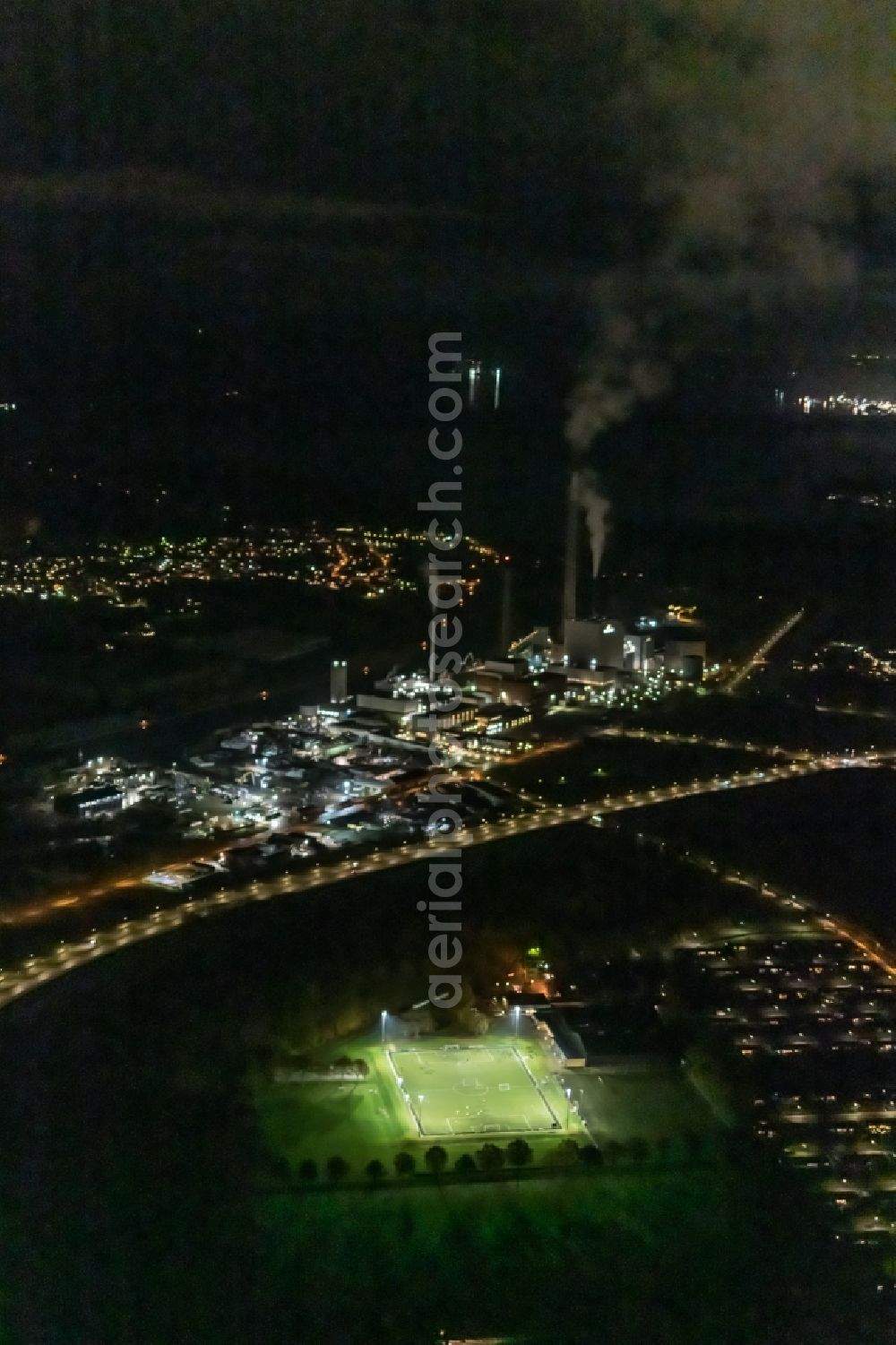Odense at night from the bird perspective: Night lighting ensemble of sports grounds in the district Odense NOe in Odense in Syddanmark, Denmark