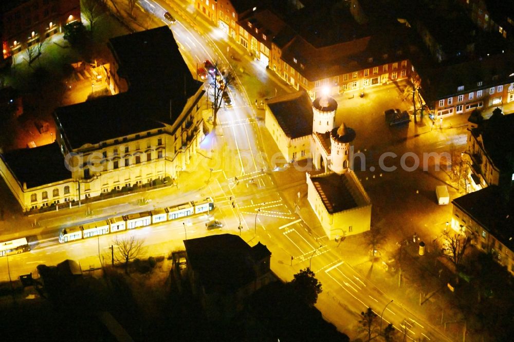 Aerial image at night Potsdam - Night lighting Facade of the monument Nauener Tor on Friedrich-Ebert-Strasse in the district Innenstadt in Potsdam in the state Brandenburg, Germany
