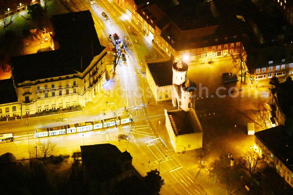 Potsdam at night from above - Night lighting Facade of the monument Nauener Tor on Friedrich-Ebert-Strasse in the district Innenstadt in Potsdam in the state Brandenburg, Germany