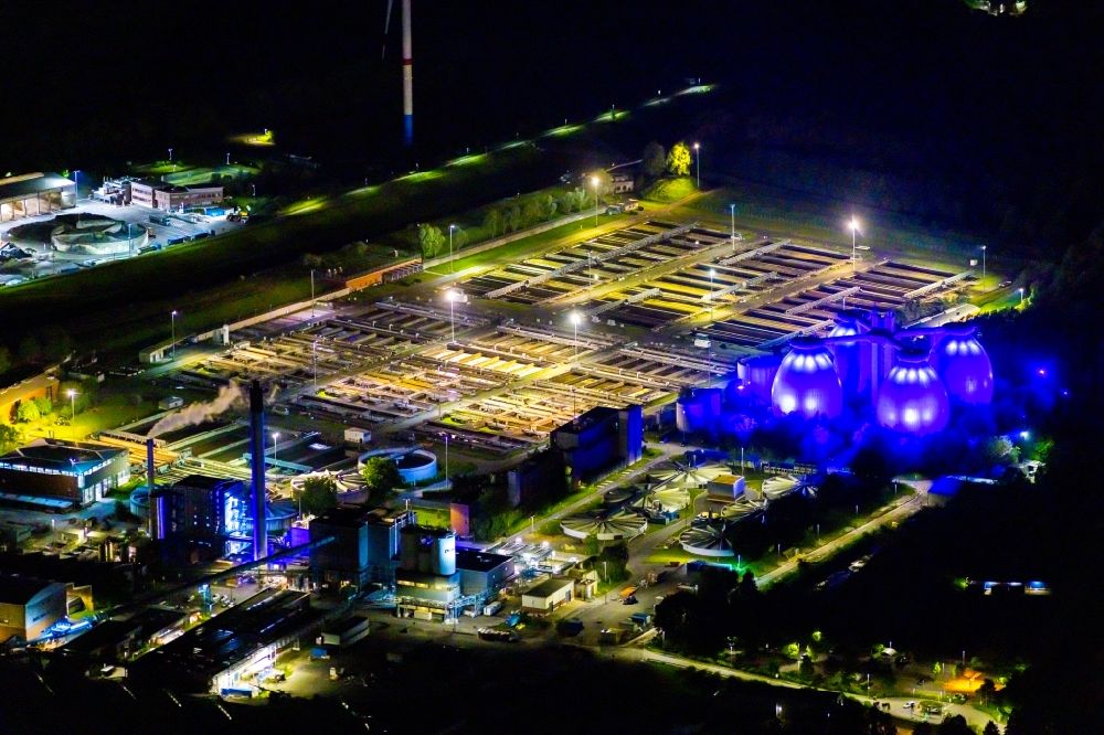 Aerial photograph at night Bottrop - Night lighting sewage works Basin and purification steps for waste water treatment in Bottrop at Ruhrgebiet in the state North Rhine-Westphalia, Germany