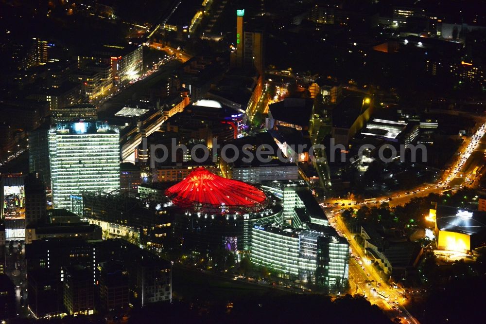 Aerial image at night Berlin - Festival of Lights downtown of the capital Berlin. To be seen in the picture is the Sony Center and the Potsdamer Platz. Warning: Commercial use on prior request only feasible at euroluftbild.de!