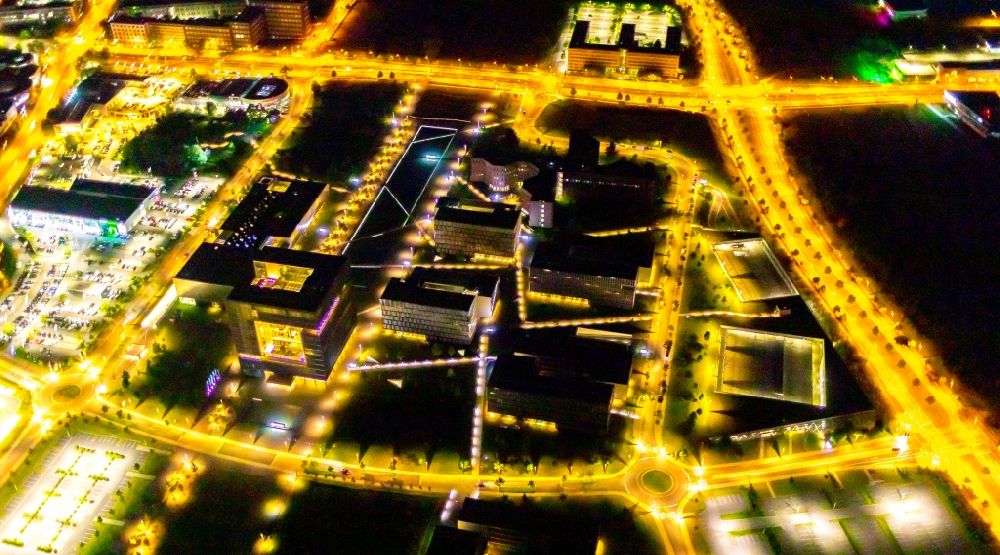 Aerial image at night Essen - Night lighting company premises of and headquarters of thyssenkrupp AG in Essen in the federal state of North Rhine-Westphalia, Germany