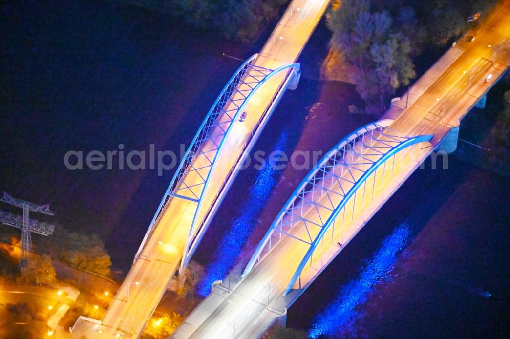 Magdeburg at night from above - Night lighting River - bridge construction about the Elbe in Magdeburg in the state Saxony-Anhalt, Germany