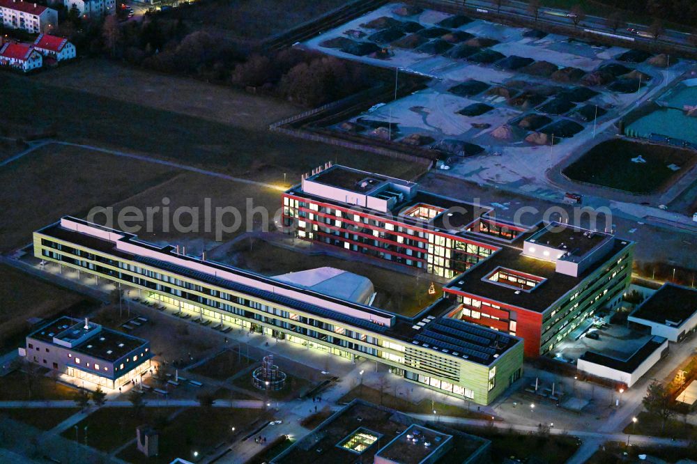 Planegg at night from above - Night lighting research building and office complex BMC Biomedizinisches Centrum on street Grosshaderner Strasse in the district Martinsried in Planegg in the state Bavaria, Germany