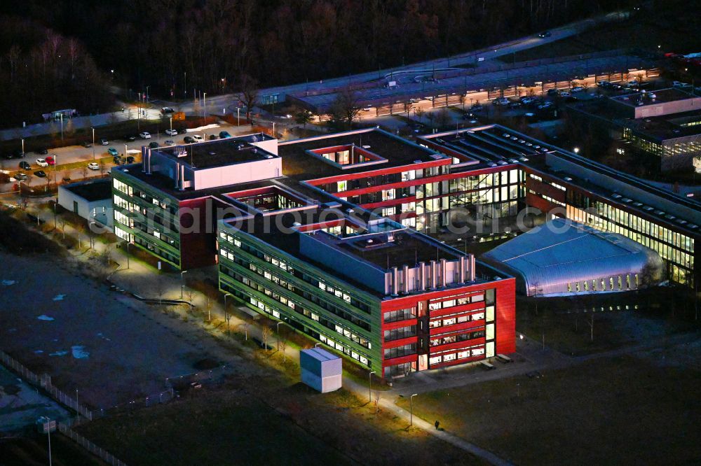 Planegg at night from above - Night lighting research building and office complex BMC Biomedizinisches Centrum on street Grosshaderner Strasse in the district Martinsried in Planegg in the state Bavaria, Germany