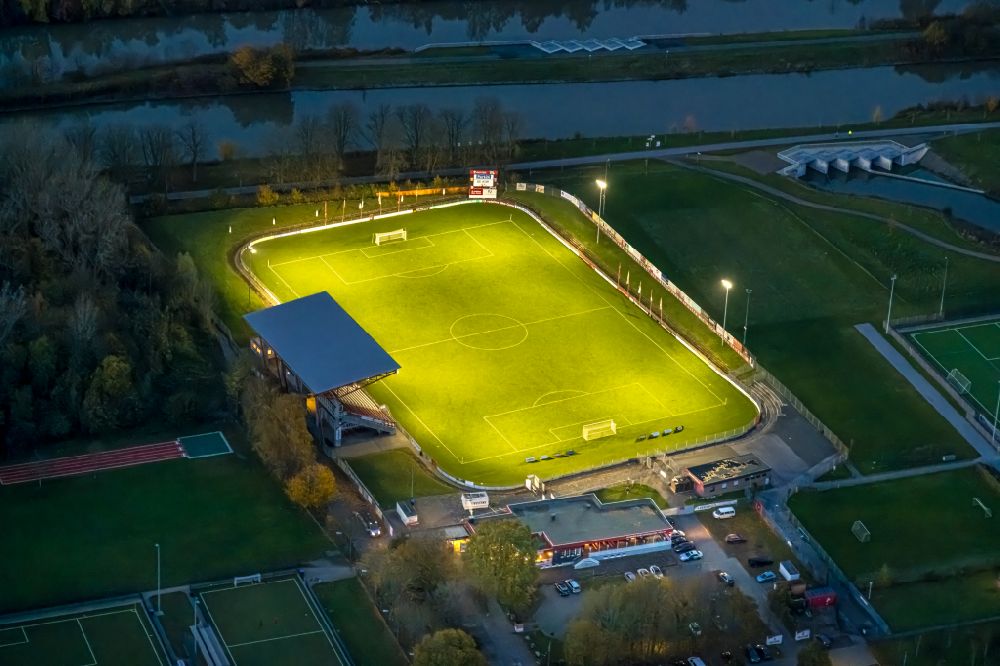Aerial photograph at night Hamm - Night lighting football stadium Betten Kutz Stadion in Hamm at Ruhrgebiet in the state North Rhine-Westphalia, Germany