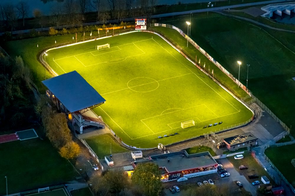 Aerial image at night Hamm - Night lighting football stadium Betten Kutz Stadion in Hamm at Ruhrgebiet in the state North Rhine-Westphalia, Germany