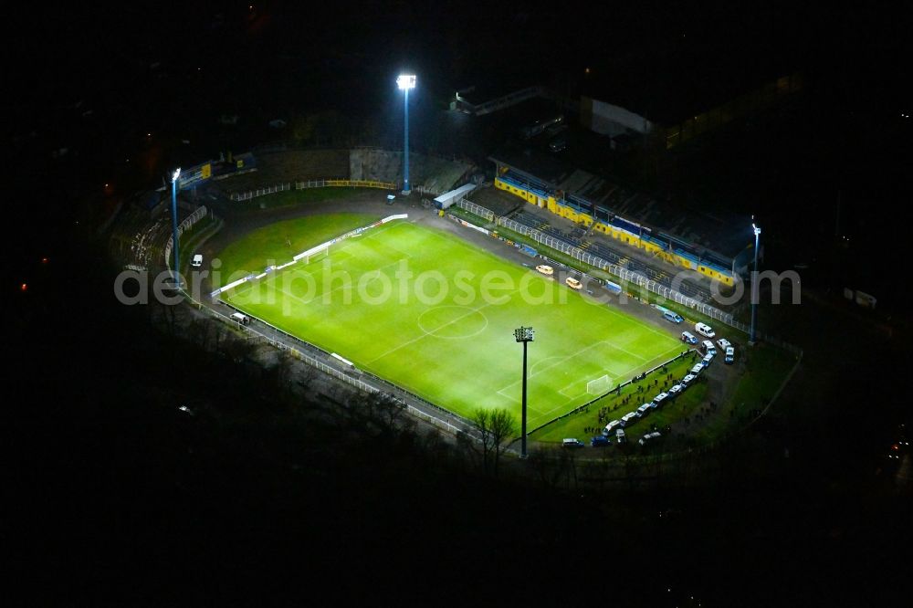 Leipzig at night from above - Night lighting Football stadium Bruno-Plache-Stadion on Connewitzer Strasse in the district Suedost in Leipzig in the state Saxony, Germany