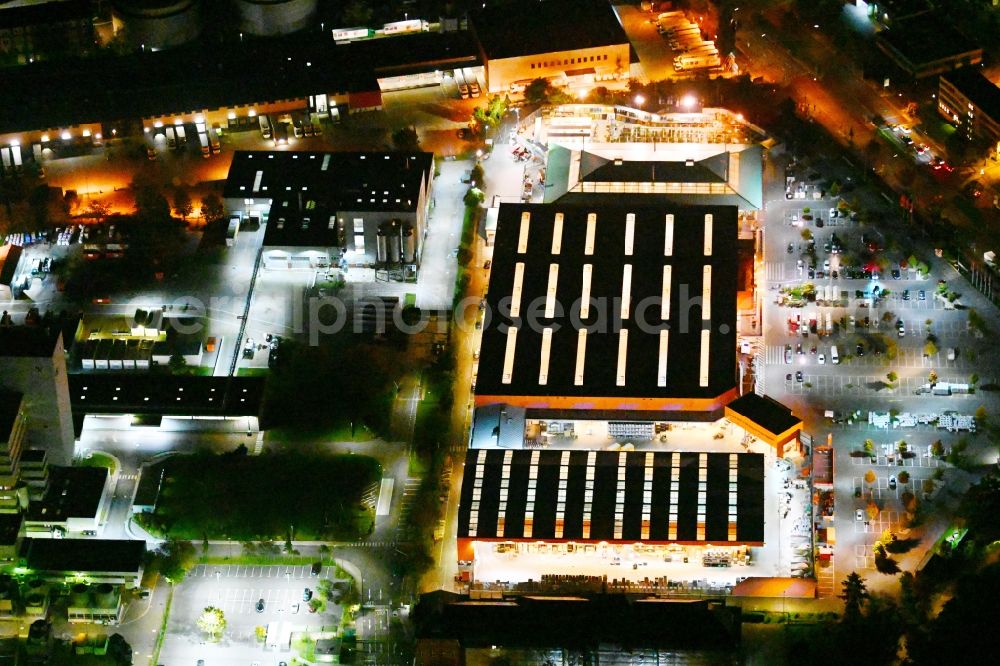 Berlin at night from above - Night lighting building of the construction market HORNBACH on Gradestrasse in the district Britz in Berlin, Germany