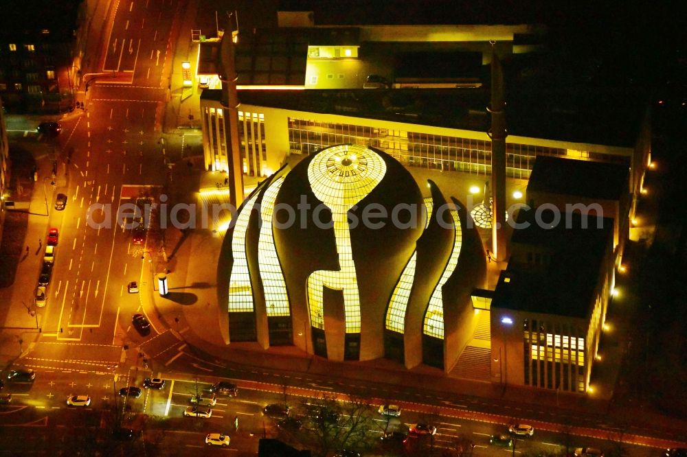 Aerial photograph at night Köln - Night lighting building the DITIB central mosque in Cologne, North Rhine-Westphalia