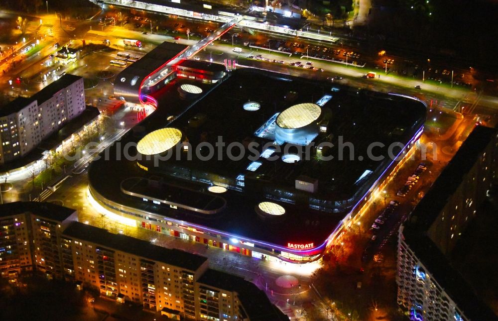 Berlin at night from above - Night lighting building of the shopping center Eastgate Berlin on Marzahner Promenade in the district Marzahn in Berlin, Germany