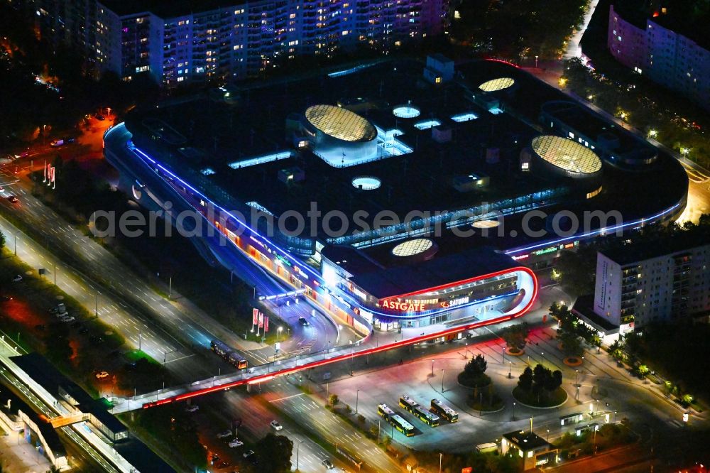 Aerial photograph at night Berlin - Night lighting building of the shopping center Eastgate Berlin on Marzahner Promenade in the district Marzahn in Berlin, Germany