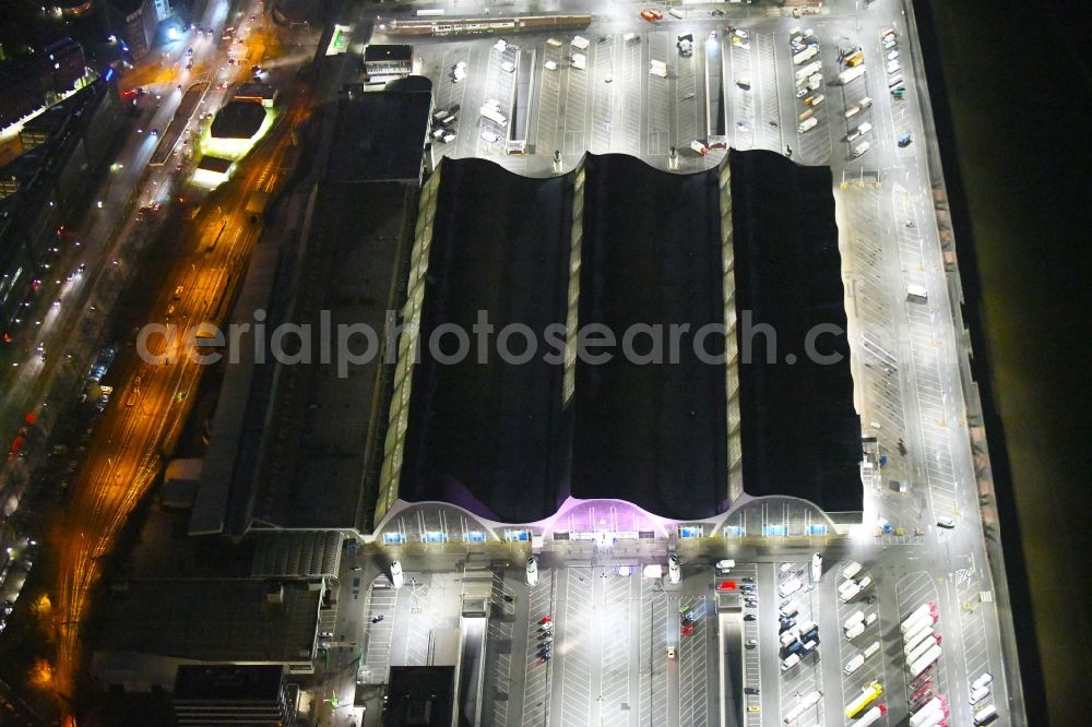 Hamburg at night from above - Night lighting building of the wholesale center fuer Blumen , Obst and Gemuese in the district Hammerbrook in Hamburg, Germany