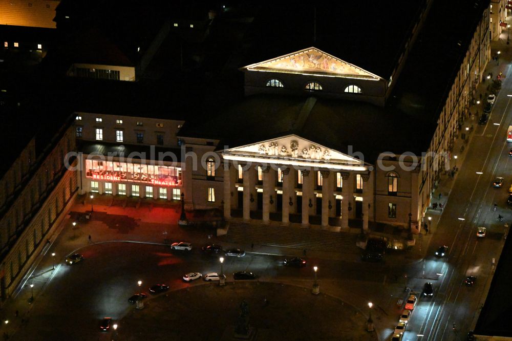 München at night from the bird perspective: Night lighting building of the national theater at the Max-Joseph-Platz in Munich, Bavaria