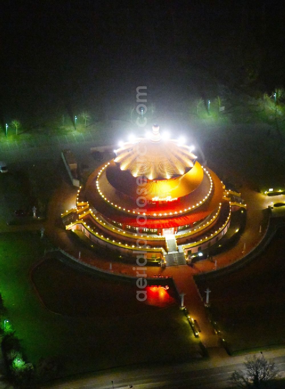 Aerial image at night Hohen Neuendorf - Night lighting Building of the restaurant Himmelspagode in Hohen Neuendorf in the state Brandenburg, Germany