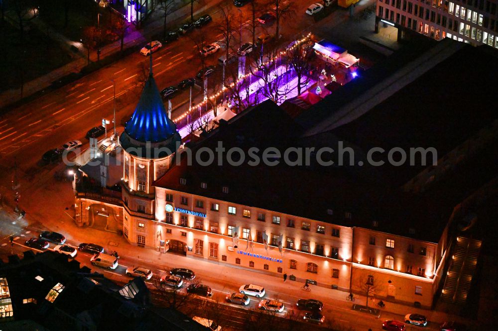 München at night from above - Night lighting building of the restaurant Loewenbraeukeller on street Nymphenburger Strasse - place Stiglmaierplatz on street Nymphenburger Strasse in the district Maxvorstadt in Munich in the state Bavaria, Germany