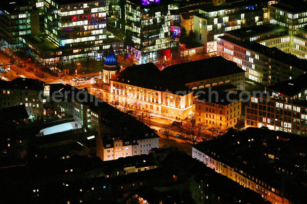 München at night from the bird perspective: Night lighting building of the restaurant Loewenbraeukeller on street Nymphenburger Strasse - place Stiglmaierplatz on street Nymphenburger Strasse in the district Maxvorstadt in Munich in the state Bavaria, Germany