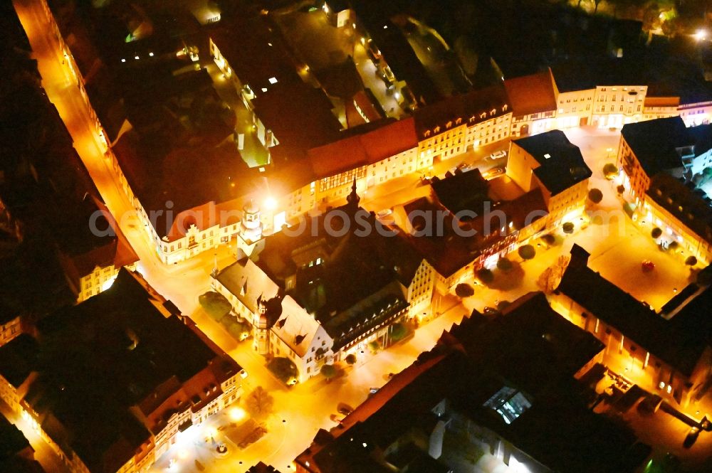 Aschersleben at night from above - Night lighting town Hall building of the city administration in Aschersleben in the state Saxony-Anhalt, Germany