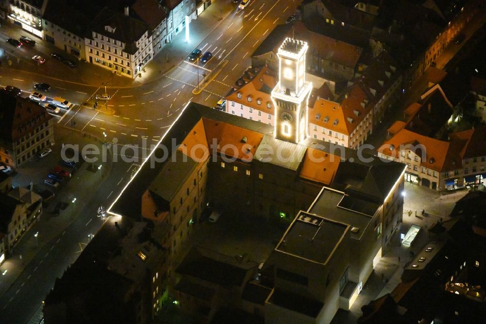 Fürth at night from the bird perspective: Night lighting Town Hall building of the city administration on Koenigsstrasse in Fuerth in the state Bavaria, Germany