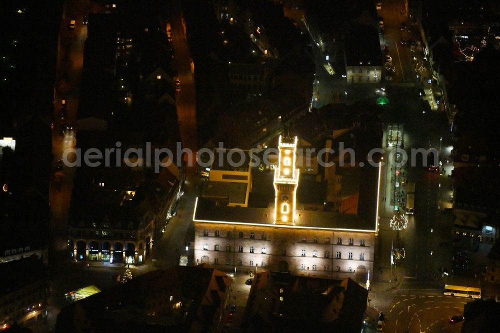 Aerial image at night Fürth - Night lighting Town Hall building of the city administration on Koenigsstrasse in Fuerth in the state Bavaria, Germany