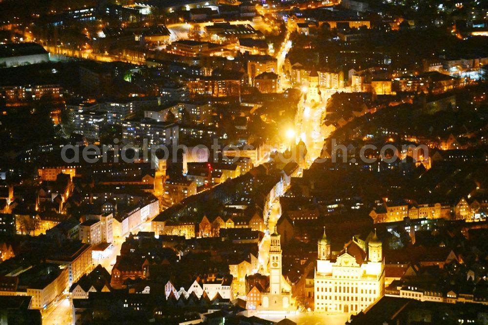 Aerial image at night Augsburg - Night lighting town Hall building of the city administration on Rathausplatz and tower Perlachturm and church St. Peter on Perlach in the district Altstadt in Augsburg in the state Bavaria, Germany