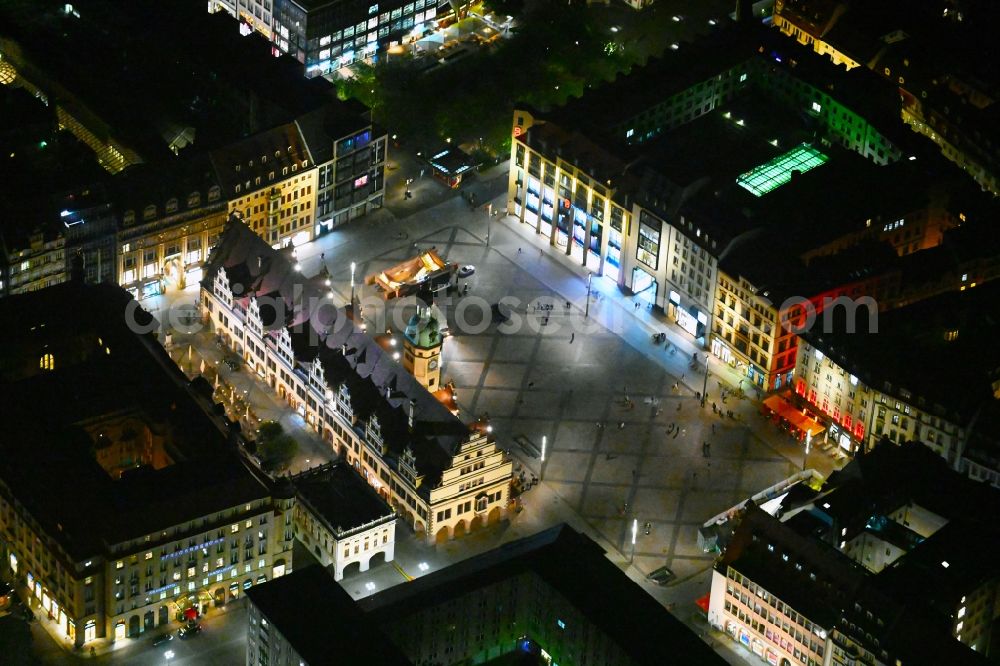 Aerial image at night Leipzig - Night lighting Town Hall building of the City Council at the market downtown in the district Mitte in Leipzig in the state Saxony, Germany