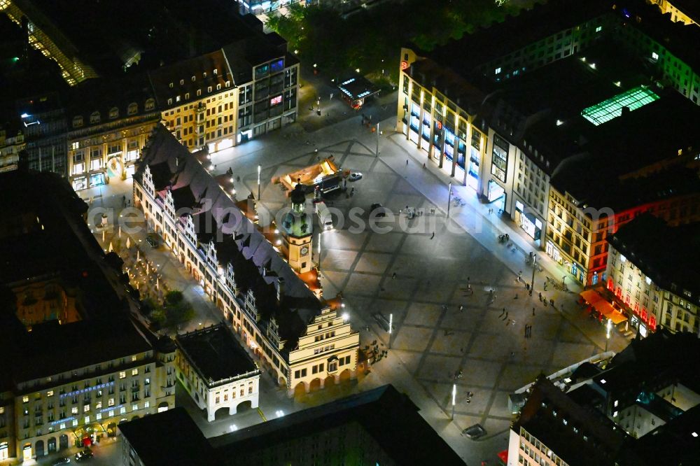 Leipzig at night from above - Night lighting Town Hall building of the City Council at the market downtown in the district Mitte in Leipzig in the state Saxony, Germany