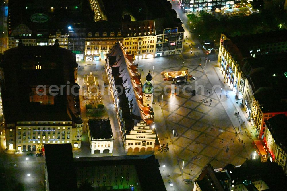 Aerial photograph at night Leipzig - Night lighting Town Hall building of the City Council at the market downtown in the district Mitte in Leipzig in the state Saxony, Germany