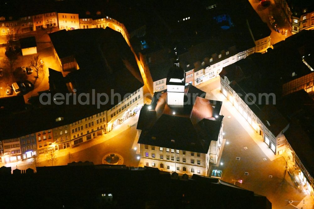 Aerial image at night Bad Langensalza - Night lighting town Hall building of the City Council at the market downtown in Bad Langensalza in the state Thuringia, Germany