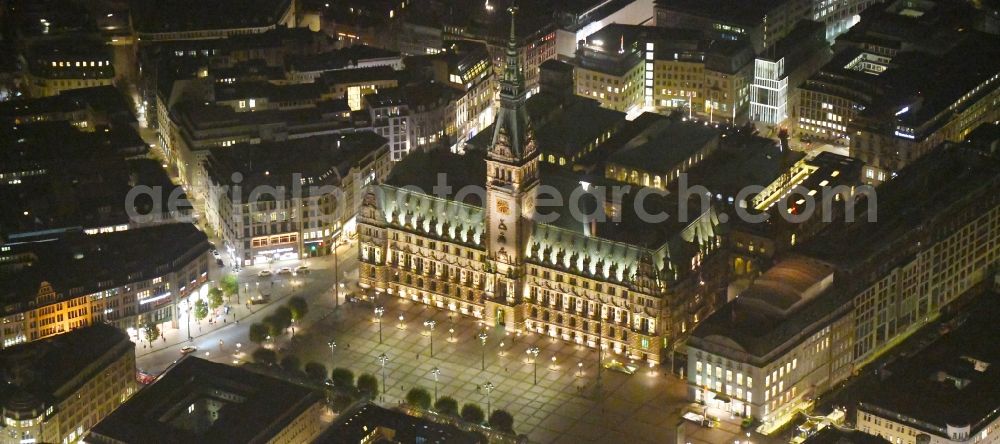 Hamburg at night from above - Night lighting Town Hall building of the City Council at the market downtown in Hamburg, Germany